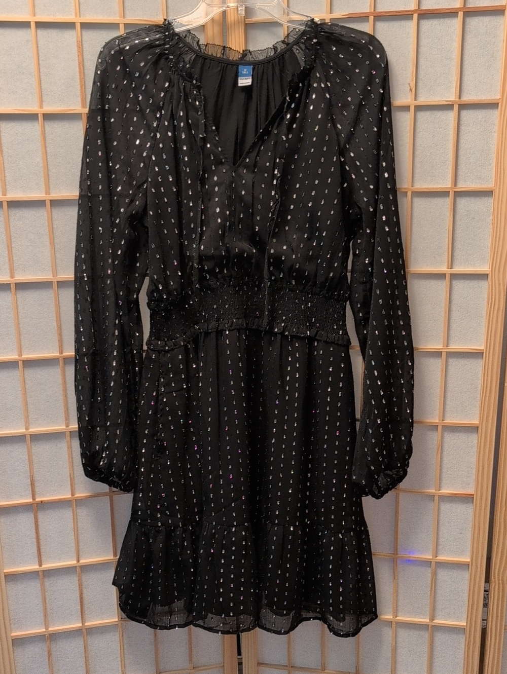 Old Navy Black Silver Metallic Clip Dot Smocked Waist Tiered Mini Dress M Tall